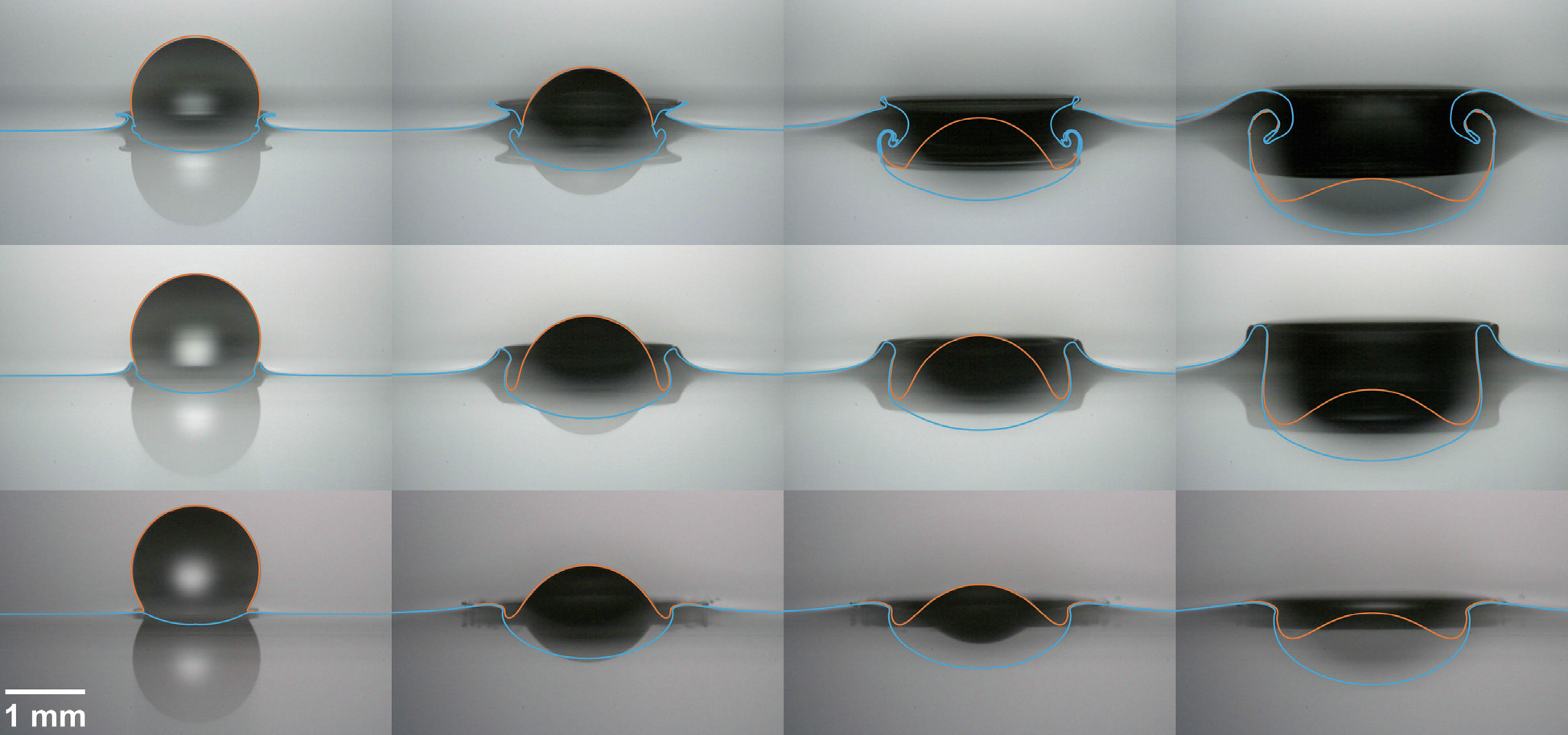 Comparison between experiment and simulation for the impact of a 1.6 mm FC-770 droplet onto a silicon oil pool. From Fudge et al, 2023.
