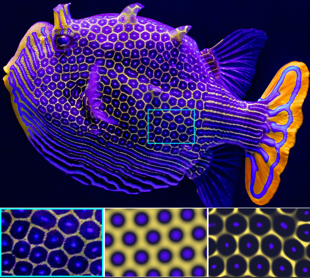 Diffusiophoresis-enhanced reaction-diffusion equations (bottom right) can explain how the Ornate Boxfish gets its spots (bottom left). See How animals get their stripes and spots and Ben Alessio’s sandbox.