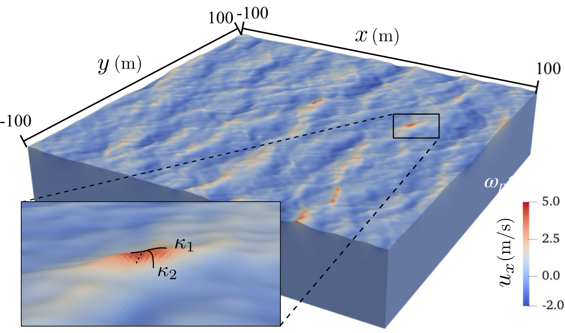 Breaking wave field with the colour indicating the surface velocity and inset showing the curvature-based detection of the breaking front. From Wu et al, 2023.