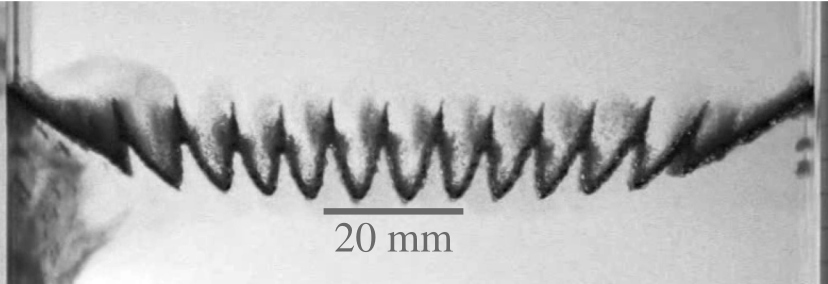 An example of «frozen waves» measured at the interface between LST Heavy Fluid and Silicone Oil subject to horizontal vibrations with velocity amplitude of 0.5 m/s and frequency of 200 Hz taken from Gréa et al. (2025).